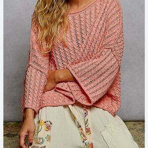 POL Cable-Knit Openwork Round Neck Cropped Sweater - Coral Orange - sold out